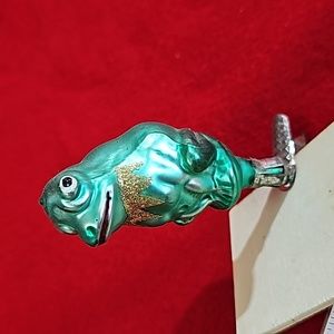 Vintage Blown Glass Green Frog Toad Gold Glitter Clip-On Christmas Ornament